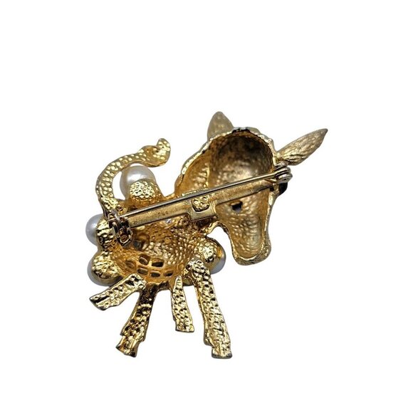Donkey Brooch Faux Pearl & Aurora Borealis Rhinestone Gold Tone Setting - Picture 5 of 9